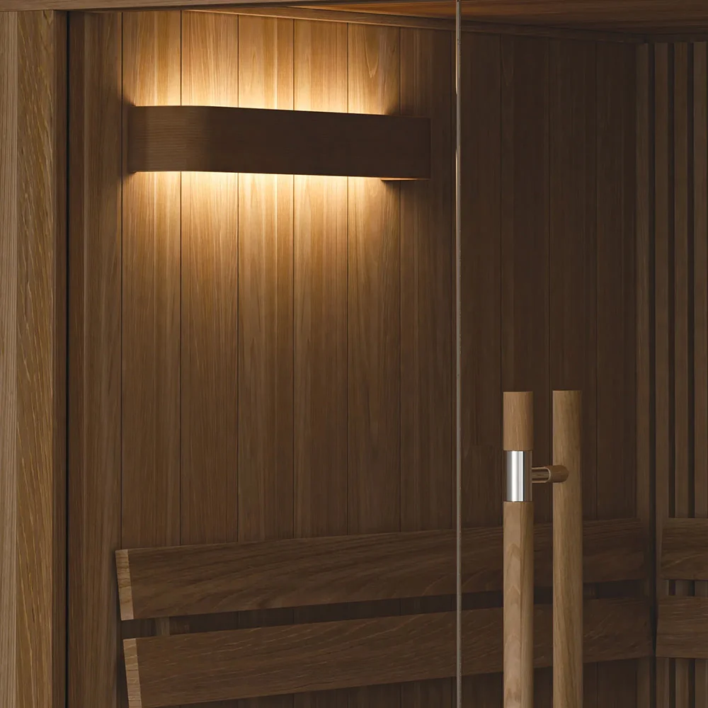 Wooden SAWO light cover mounted above a sauna door