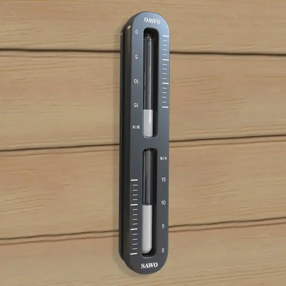 SAWO sand timer mounted on a sauna wall