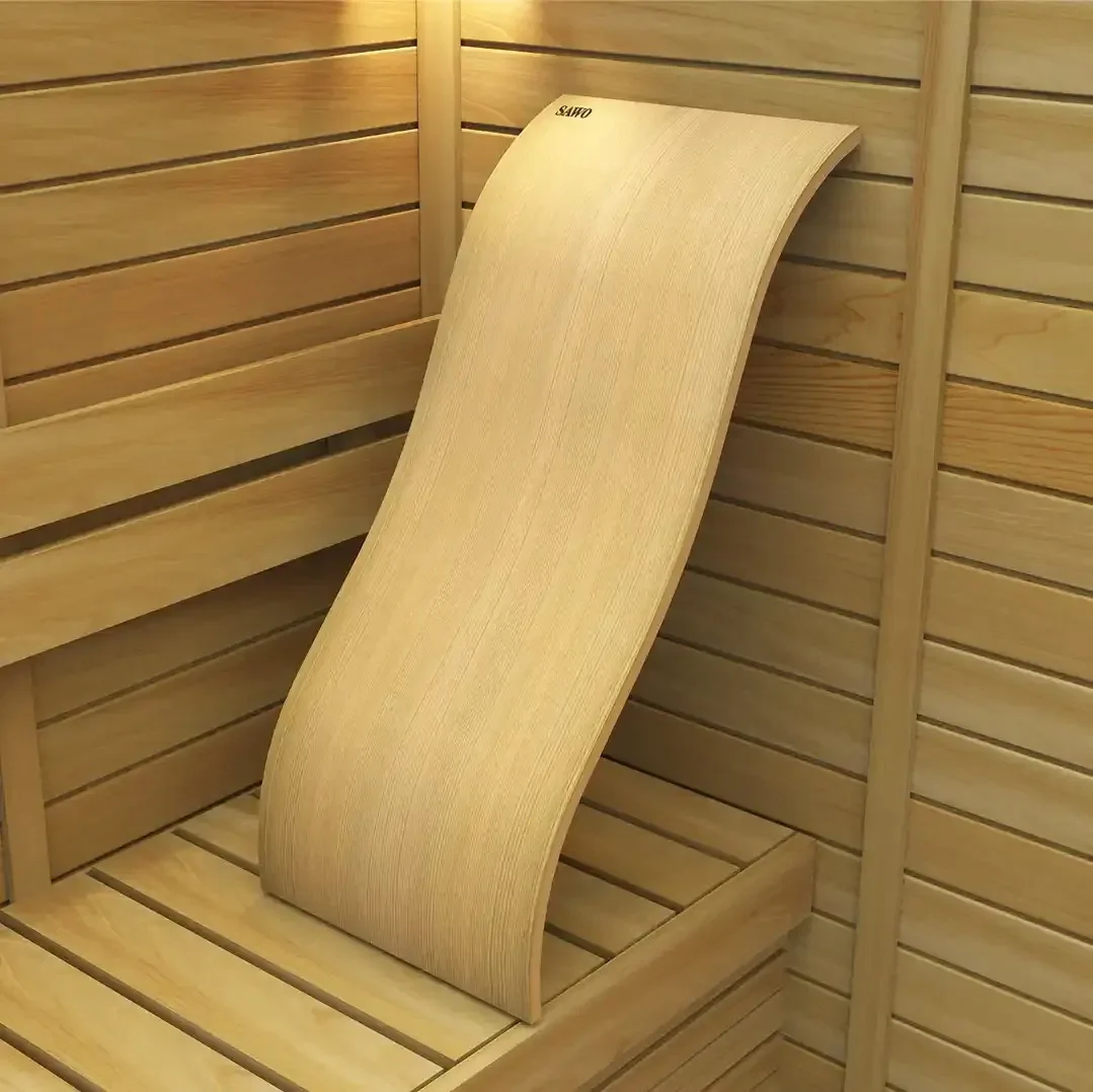 SAWO Wave wooden backrest, curved slats on a display stand
