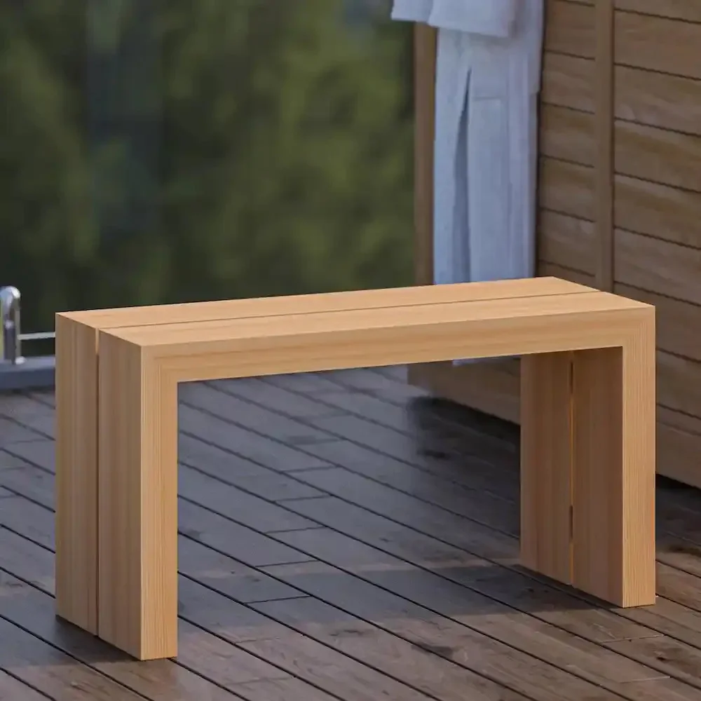 SAWO Siro freestanding wooden bench on dark terrace decking, a robe hanging behind
