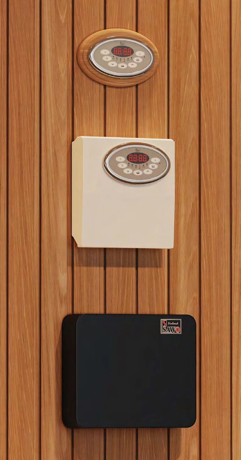 SAWO Innova Classic oval knob panel and Innova Classic Built-in power panel on a sauna wall