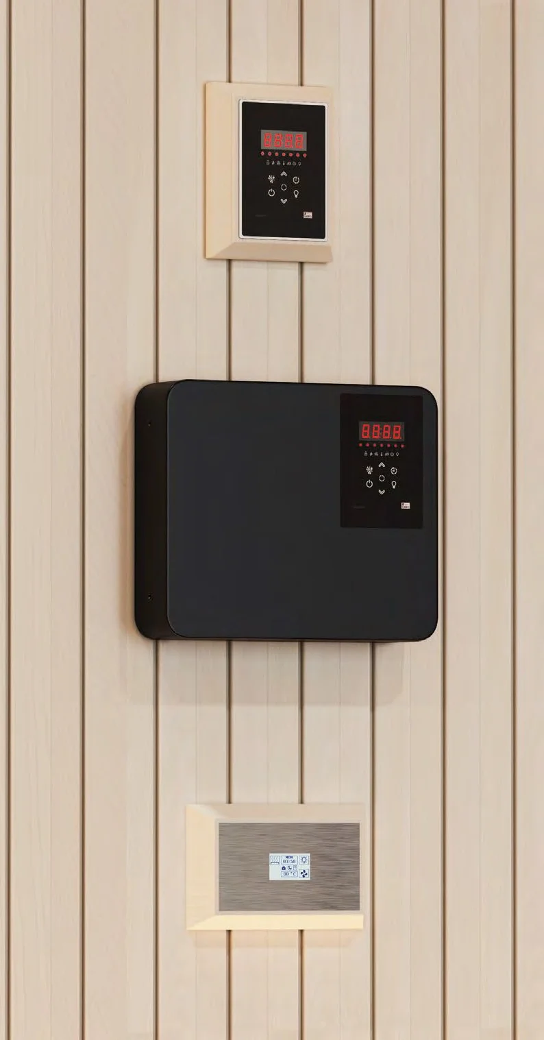 SAWO Innova Classic 2.0 and Innova Stainless Steel Touch control panels on a sauna wall
