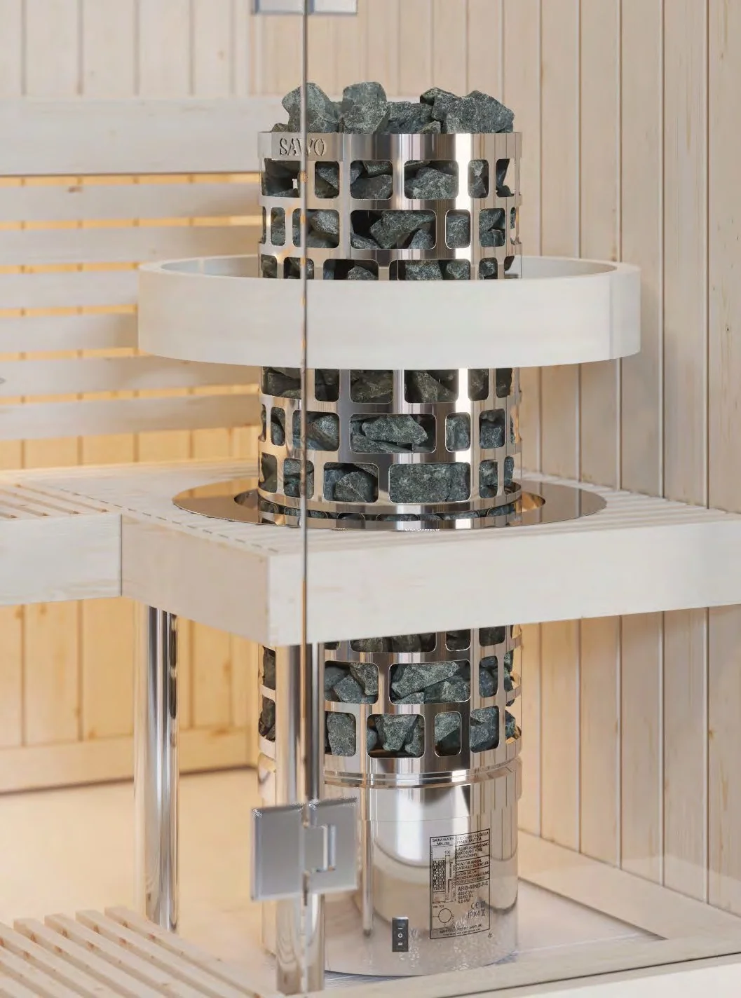 SAWO Aries Corner tower heater against a stone sauna wall