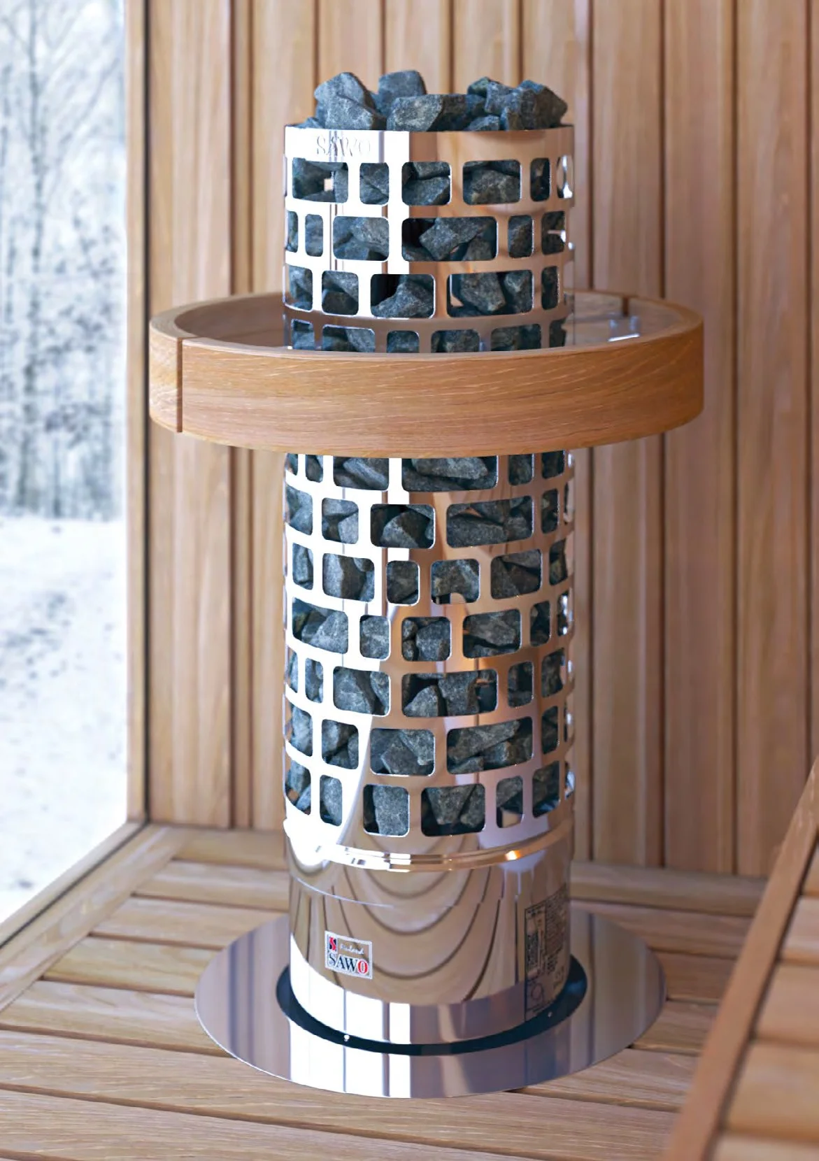 SAWO Aries Round tower heater beside a frosted sauna window