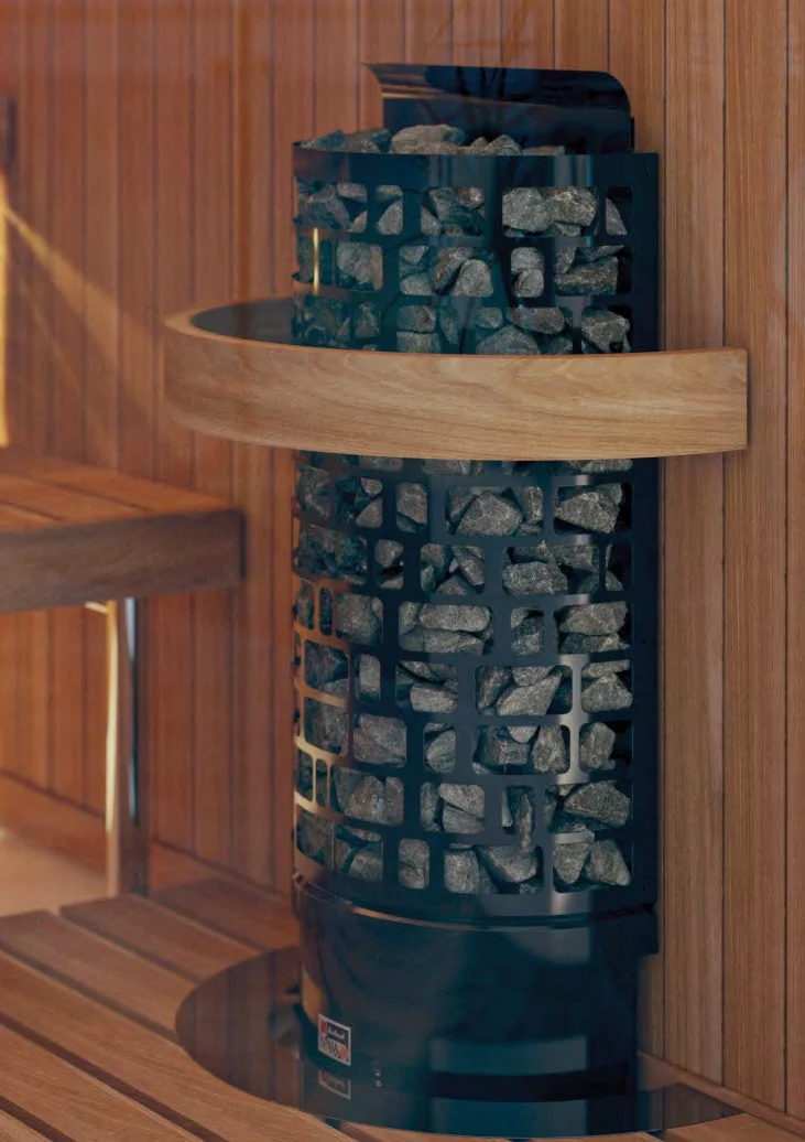 SAWO Aries Wall tower heater mounted on walnut panelling
