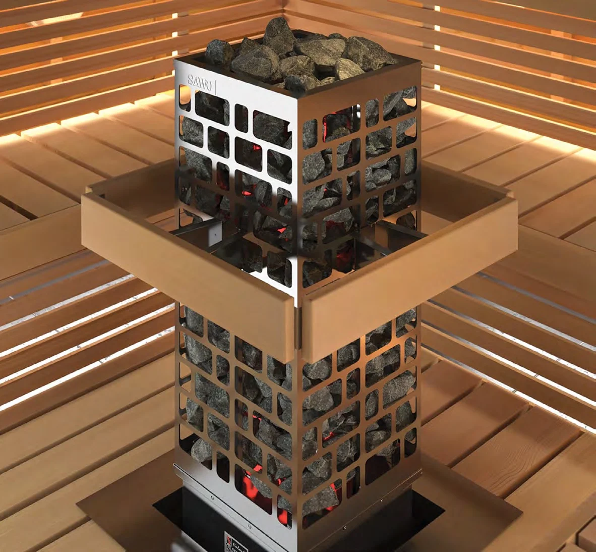 SAWO Cubos square tower heater glowing in a corner installation