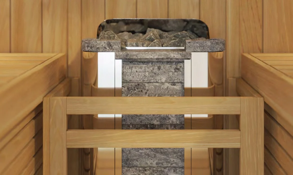 SAWO Cumulus wall heater with a decorative soapstone column front
