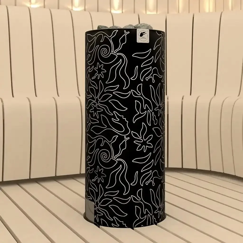 Black SAWO Fiberjungle NS tower heater between curved cream sauna benches