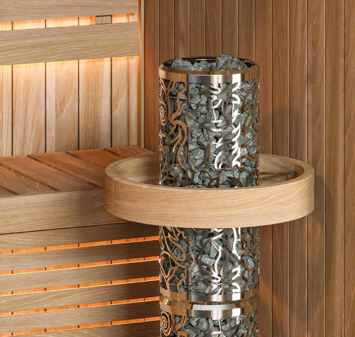 SAWO Heaterking tower heater with a cut-metal Junglefire pattern casing