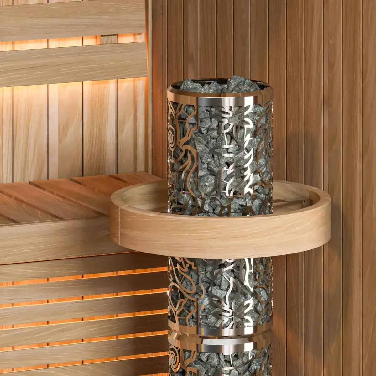SAWO Tower steel heater with a wooden safety ring