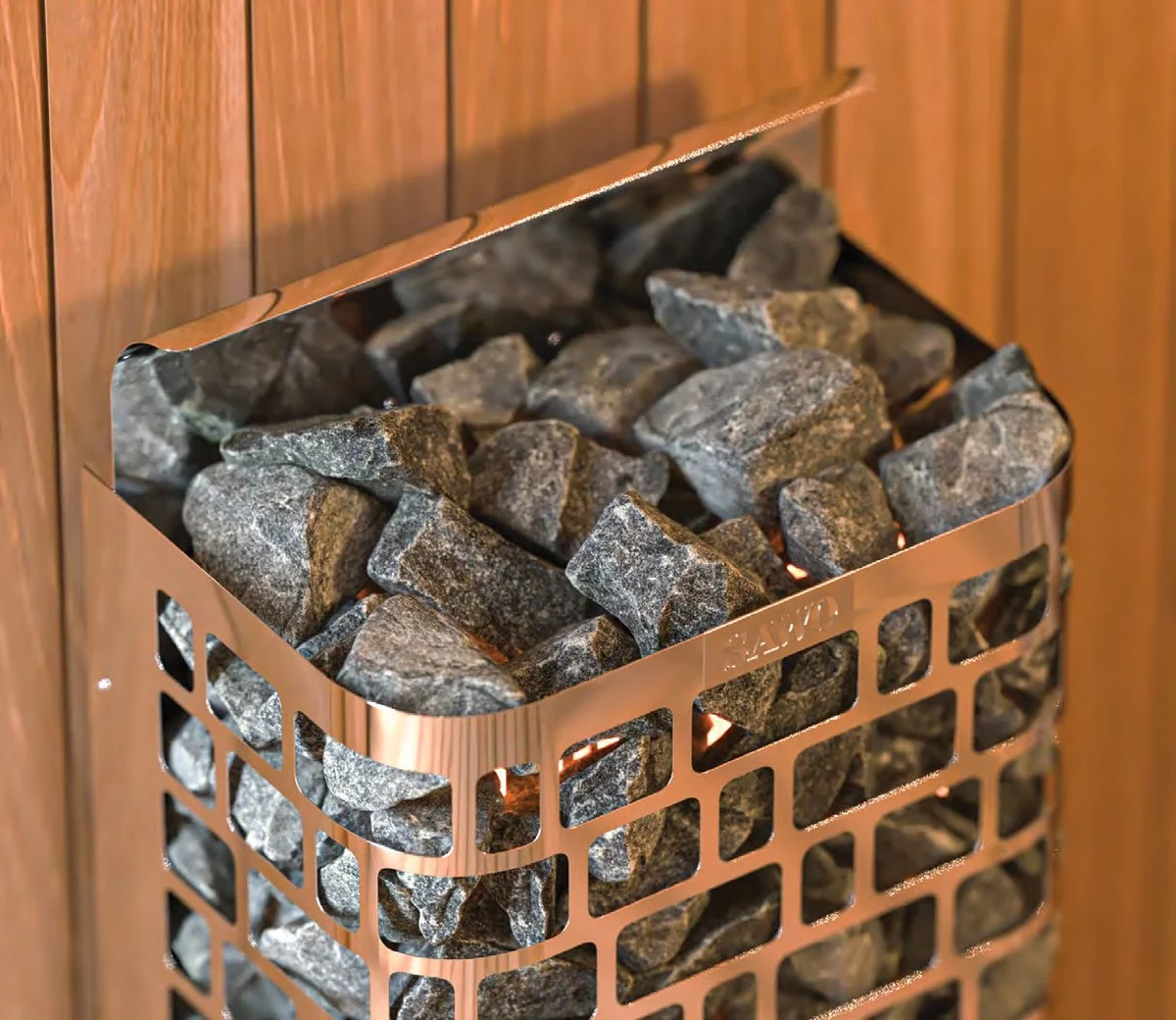 Detail of the SAWO Krios heater glowing in a corner installation
