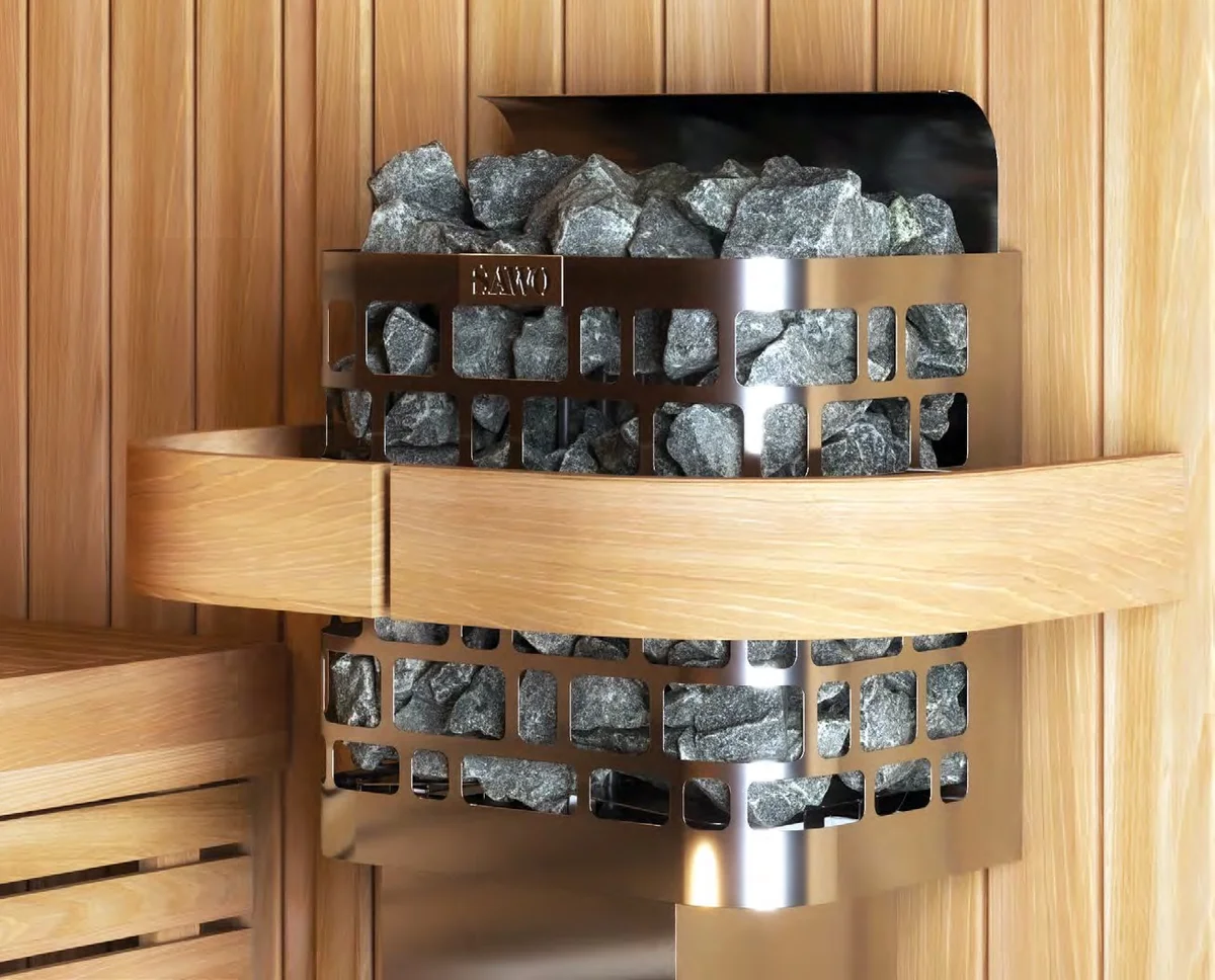 SAWO Krios wall heater with a signature perforated stainless pattern