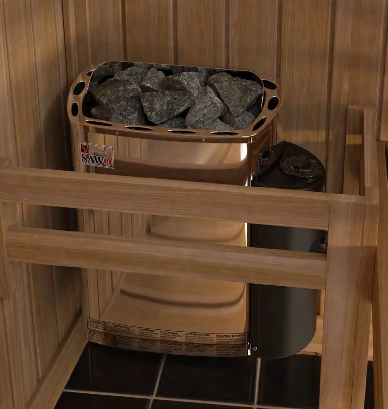 SAWO Mini Combi wall heater with a corner-mounted water tank