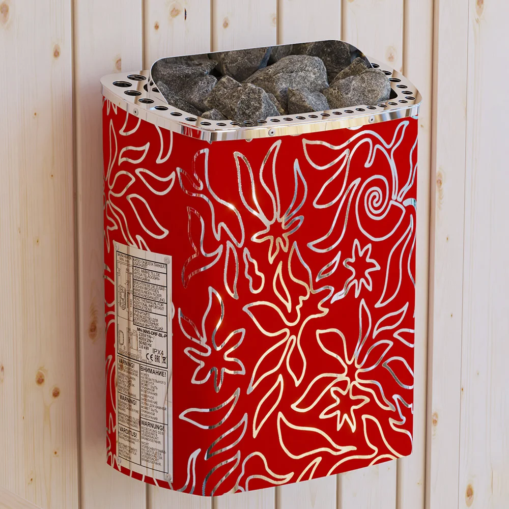 Red SAWO Minidragon Dragonfire wall heater with a floral patterned shell