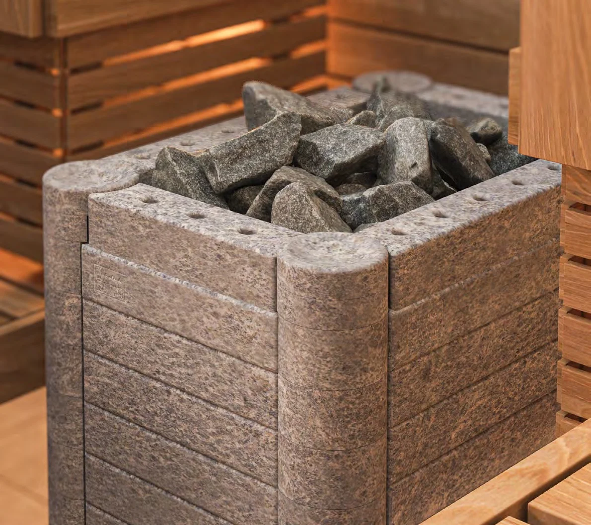 SAWO Nimbus soapstone-cased heater in a corner installation