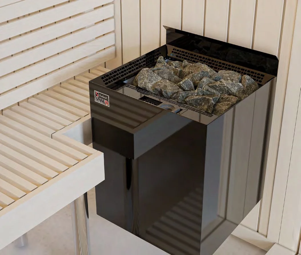 Black SAWO Nordex Combi wall heater in a corner installation