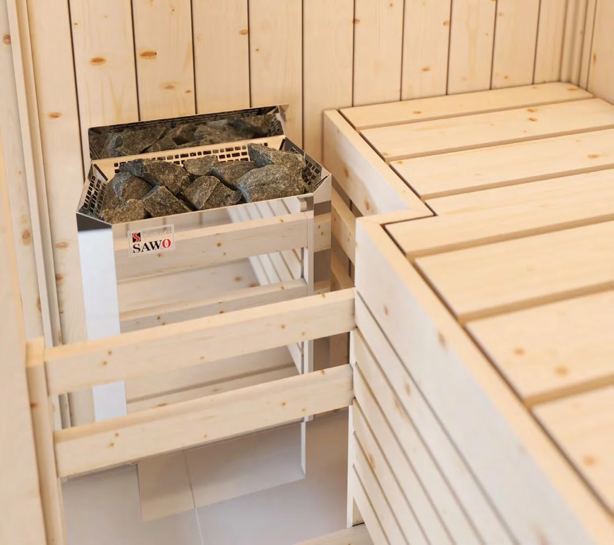 SAWO Nordex Mini wall heater in a corner installation, light wood interior