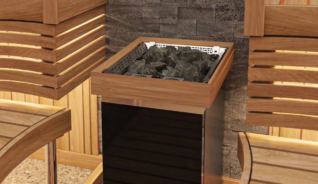 SAWO Nordex Pro Combi black floor heater in a corner stone installation