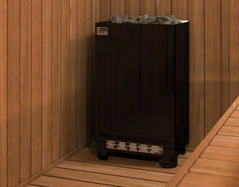 SAWO Nordex S black slim floor heater in a corner installation