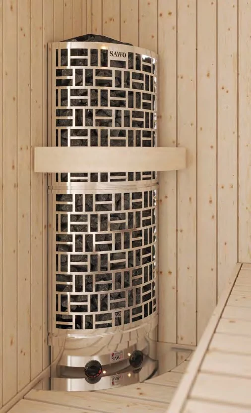 SAWO30 Corner tower heater against light timber panelling