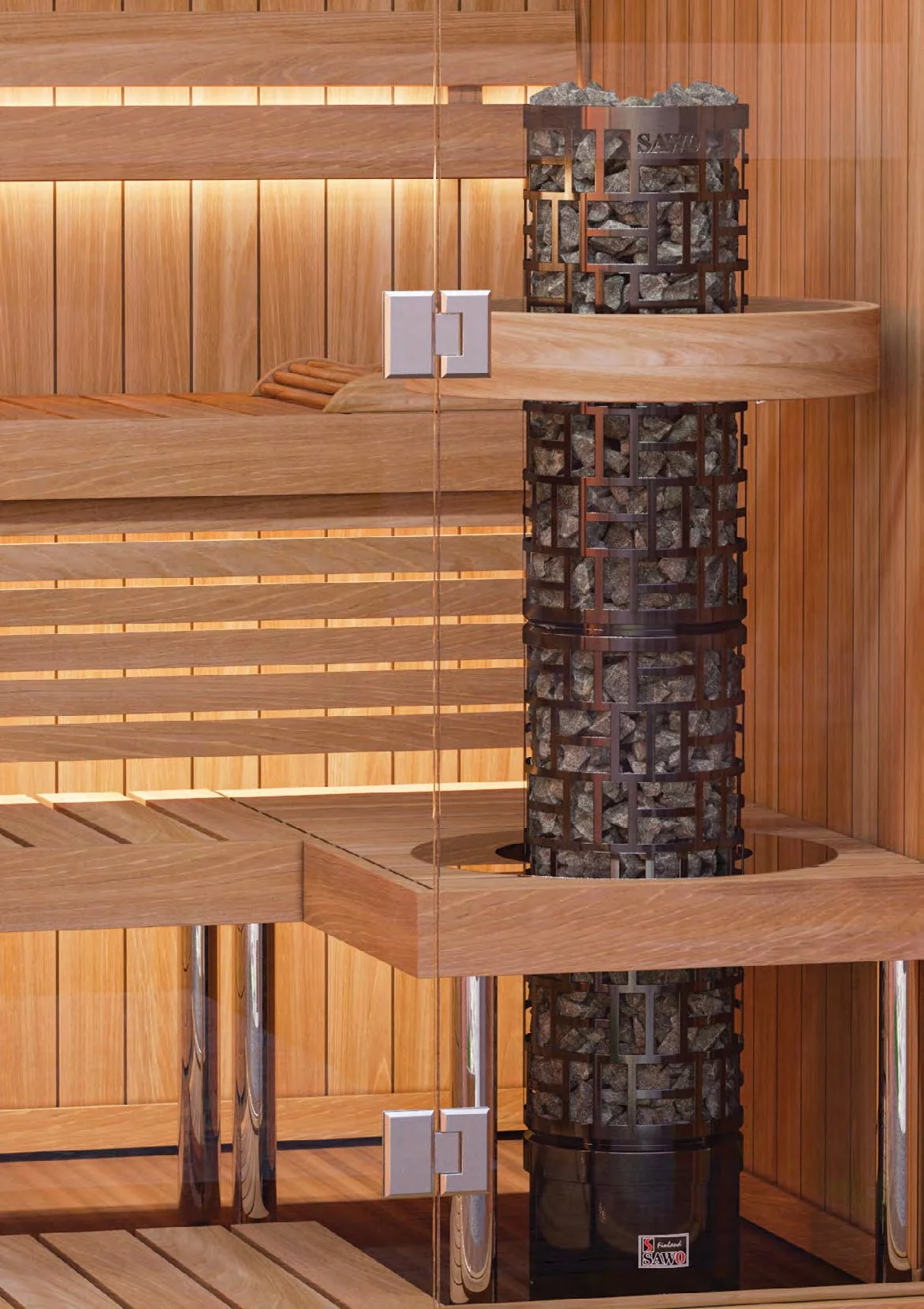 SAWO30 Round tower heater in a glass-walled sauna room