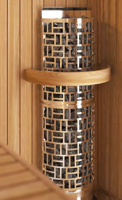 SAWO30 Wall tower heater mounted above a sauna bench