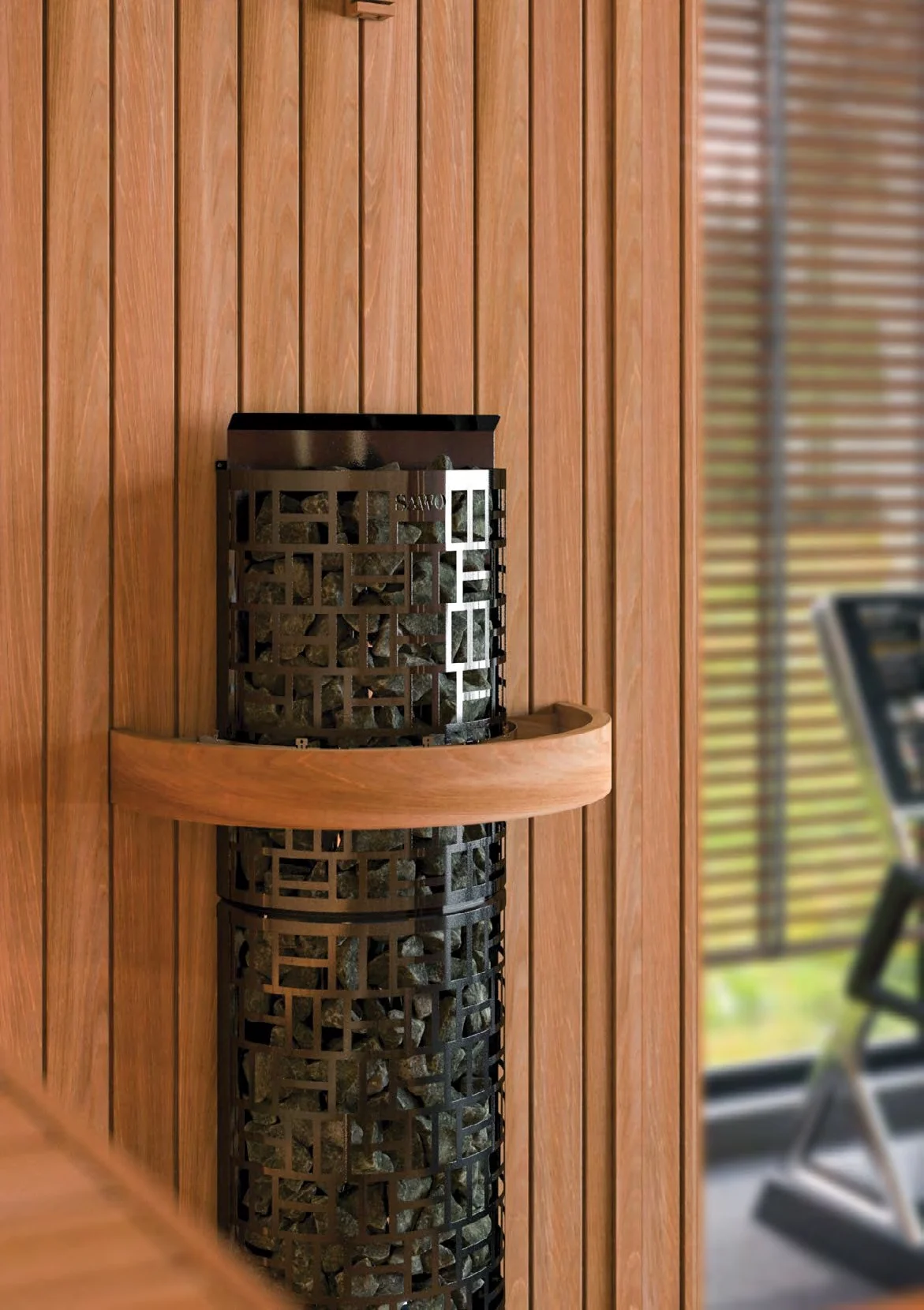 SAWO30 Wall tower heater, narrow variant, in a cedar sauna