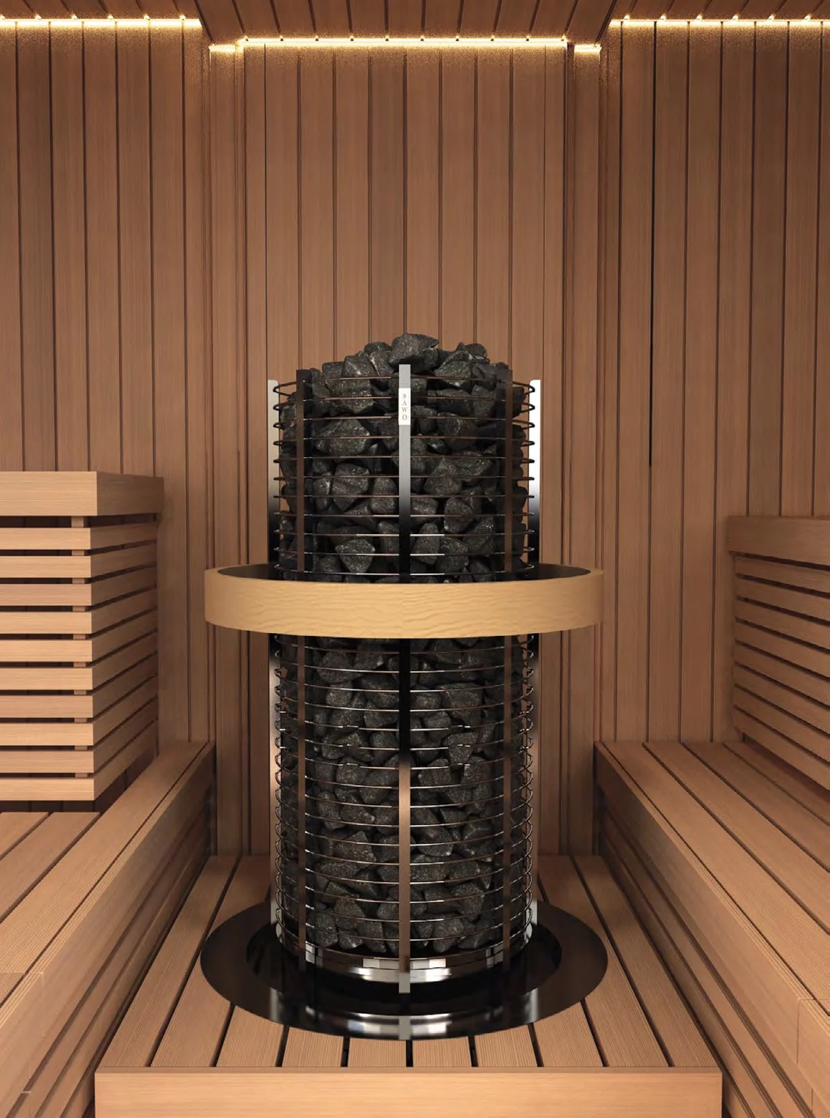 SAWO Tower Round heater in a dark stone-walled sauna room