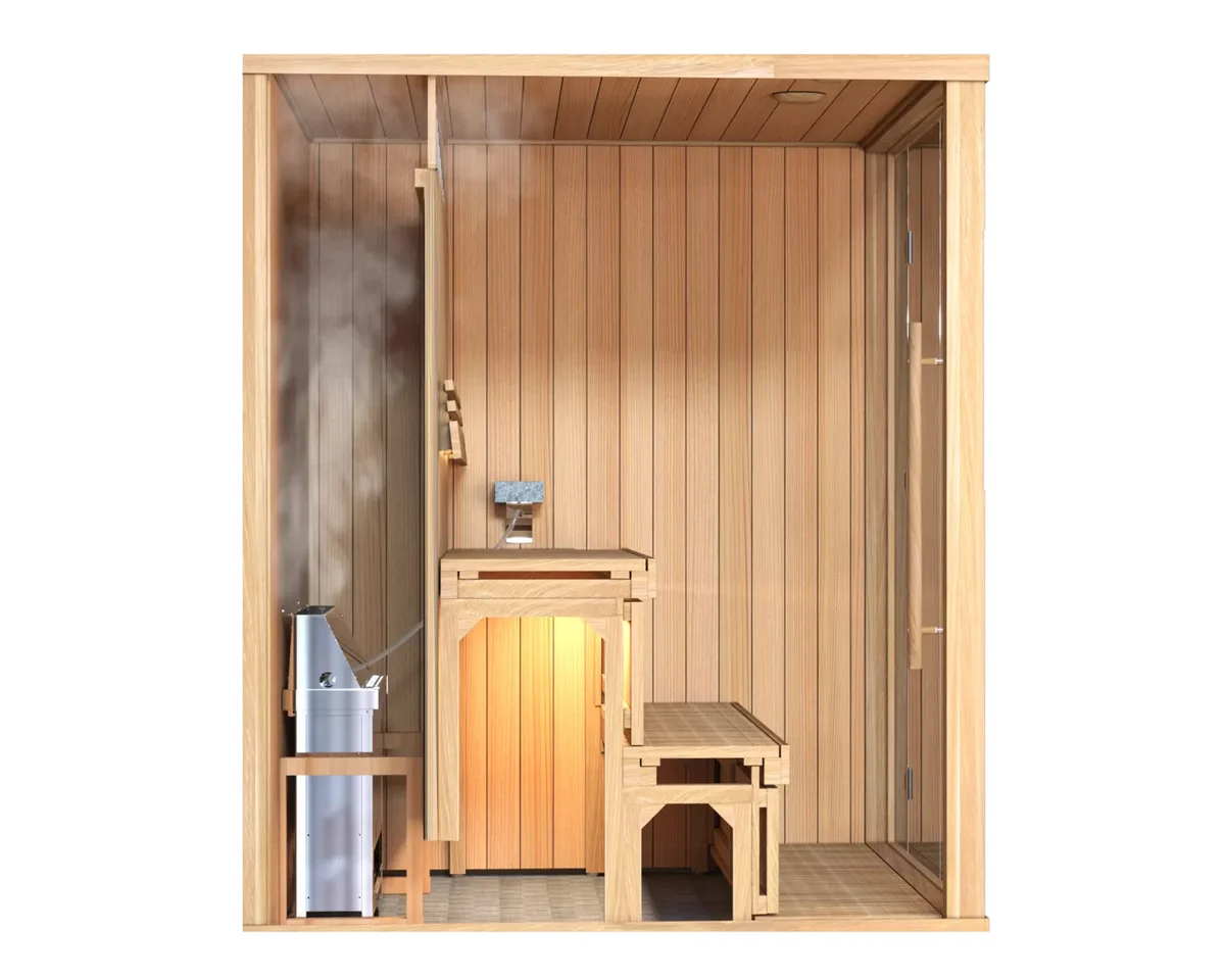 Cutaway illustration of a sauna cabin showing the Helius heater concealed behind the bench, steam rising