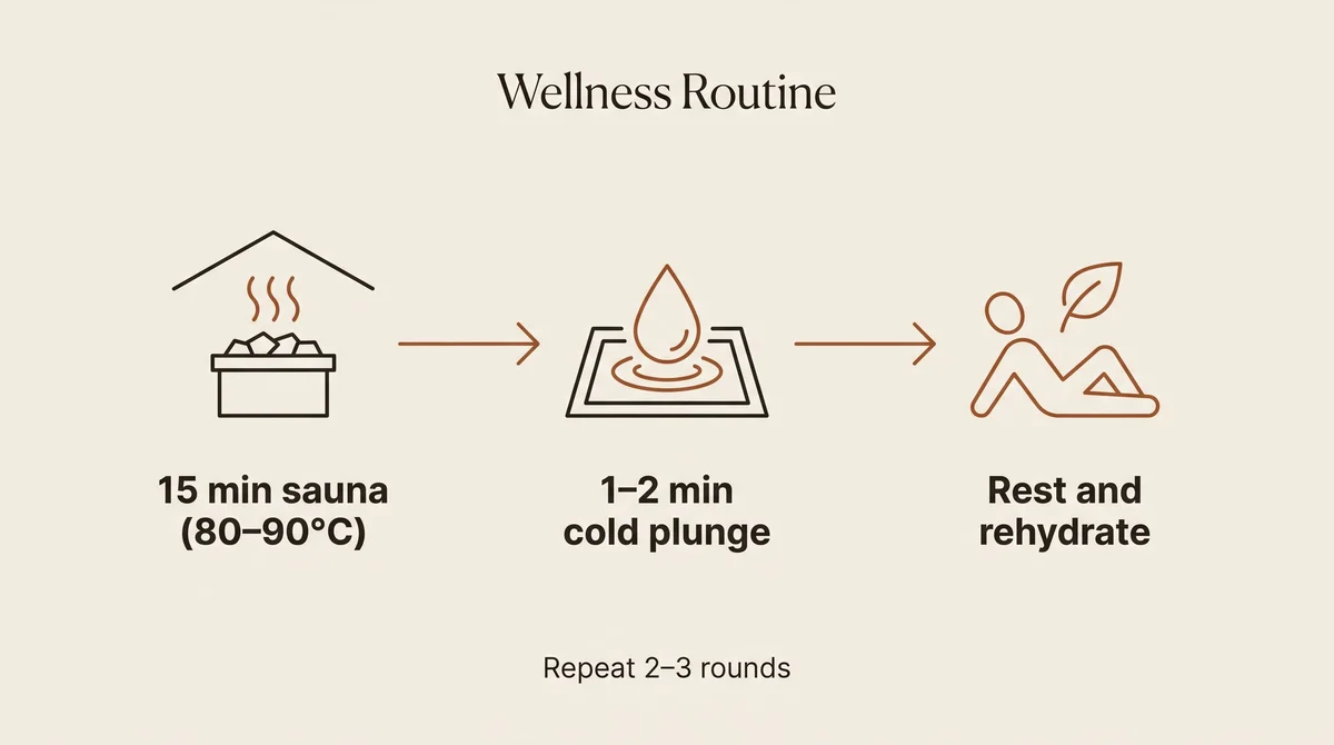 Contrast ritual timeline: 15 minutes sauna at 80 to 90 degrees, 1 to 2 minutes cold plunge, rest and rehydrate, repeat 2 to 3 rounds