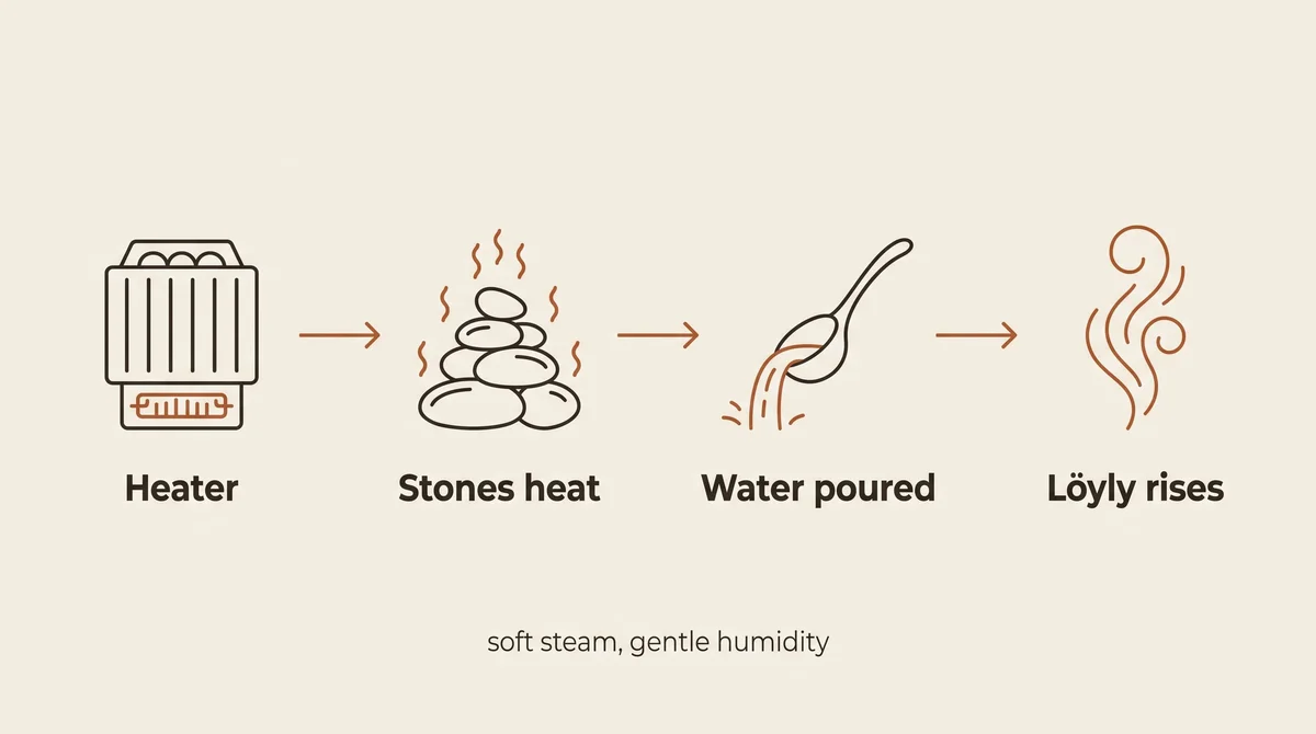 Diagram: heater heats stones, water is poured, löyly rises, showing the room's resulting temperature and humidity zones