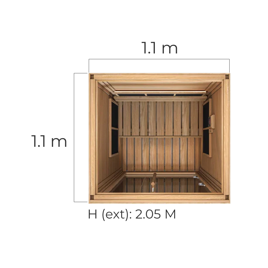 Dimensioned floor-plan diagram of the SAWO 1111-IR-D infrared room
