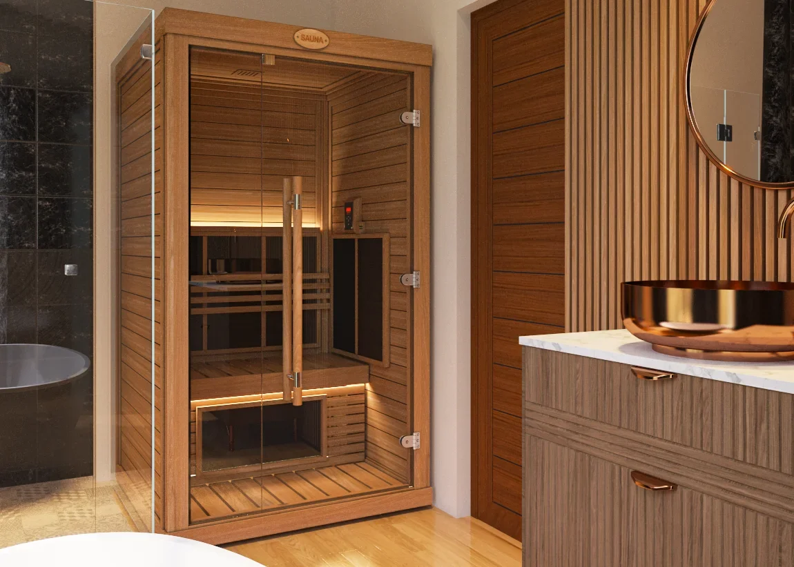 SAWO 2-person infrared room fitted into a bathroom beside a copper vessel sink