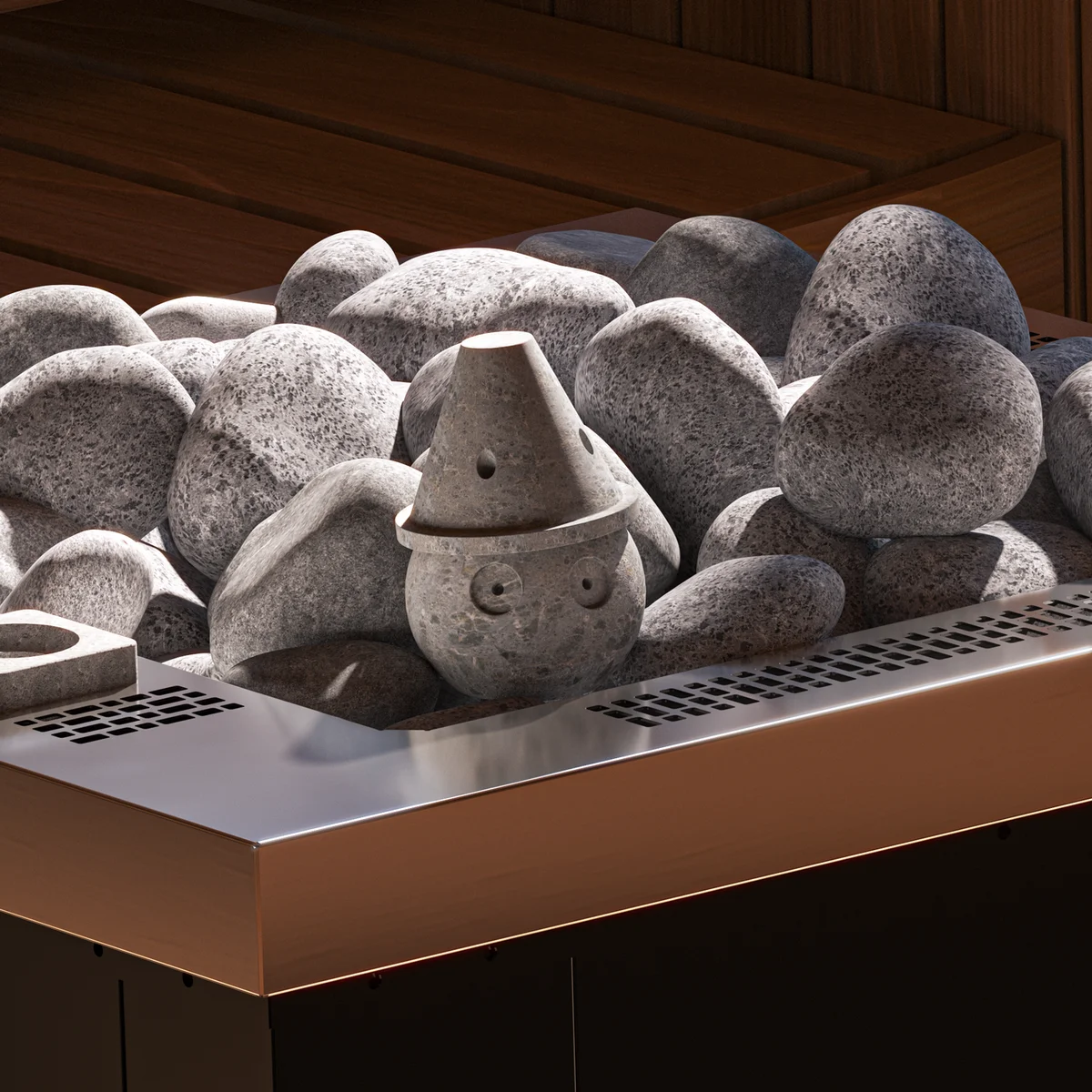 SAWO Kivistone Aroma Spirit Cup nestled among heater stones