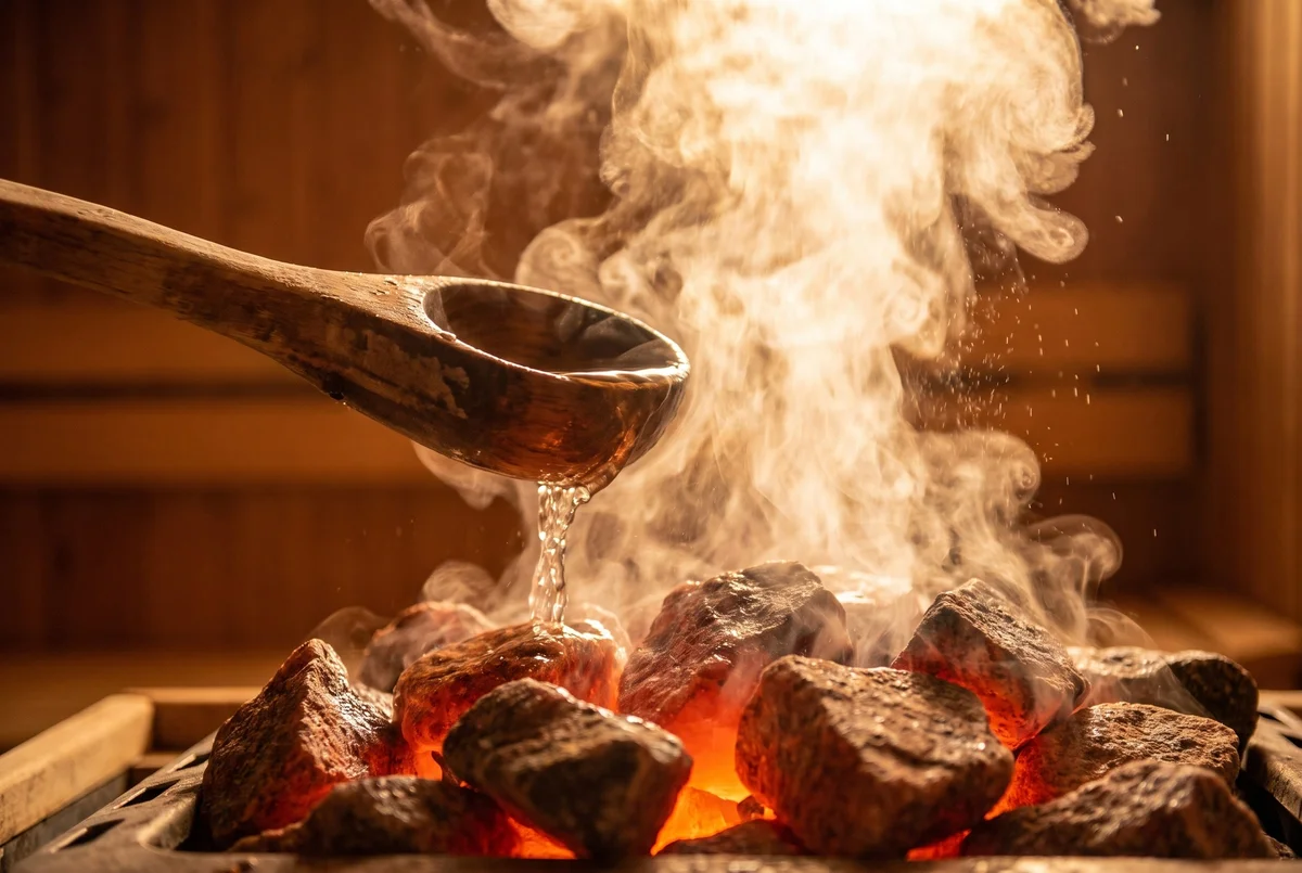 A wooden ladle pouring water over glowing kiuas stones, steam bursting upward