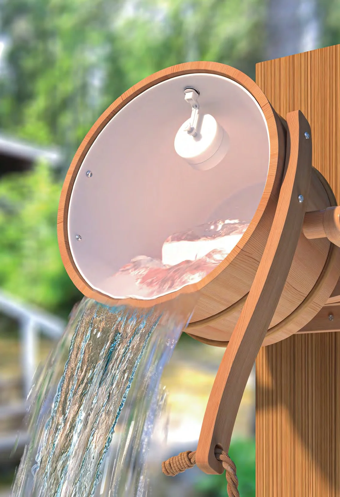 SAWO Pail Shower mounted on a sauna wall, mid-pour