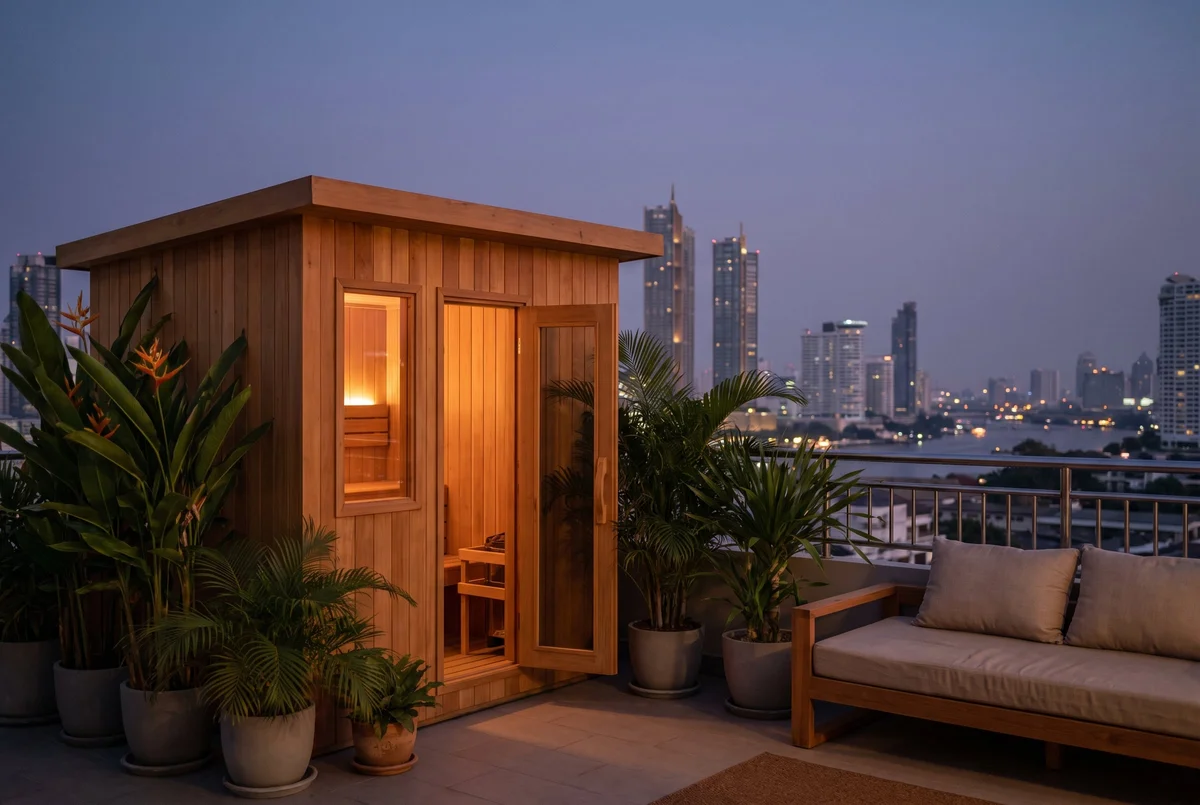 Compact cedar sauna cabin on a high-rise rooftop terrace at dusk, city skyline beyond