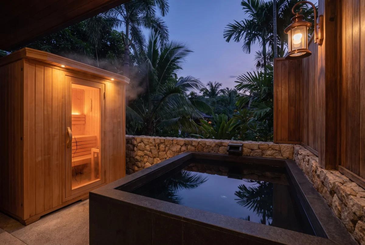 A cedar sauna beside a dark stone cold-plunge tub on a tropical terrace, steam rising at dusk