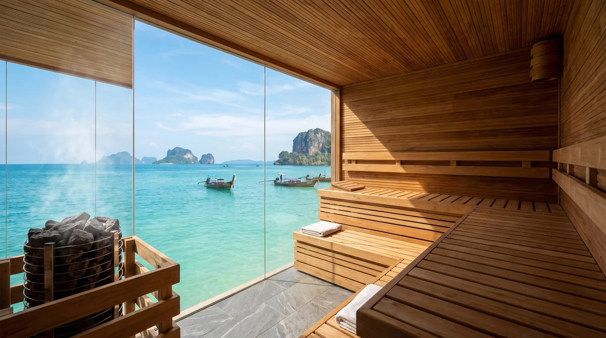 Sauna interior open through a glass wall to a turquoise bay, limestone-karst islands and longtail boats beyond, southern Thailand