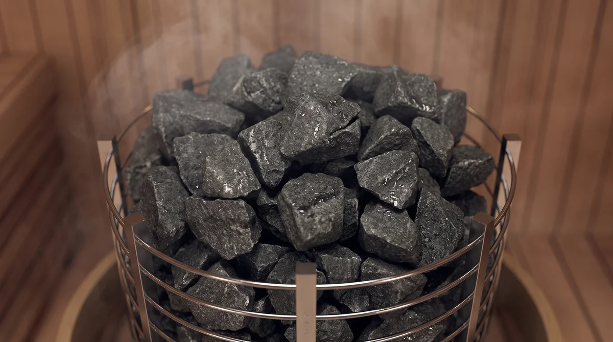 Close-up of stacked kiuas stones glowing inside a SAWO tower heater, steam rising in a cedar sauna