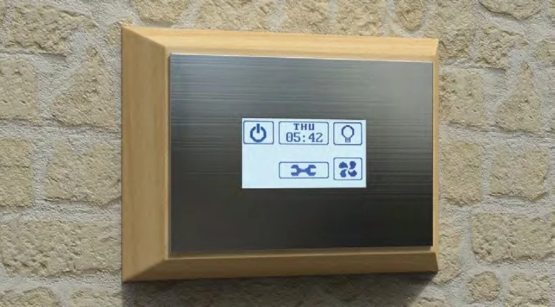 SAWO steam control touch panel in a wood frame