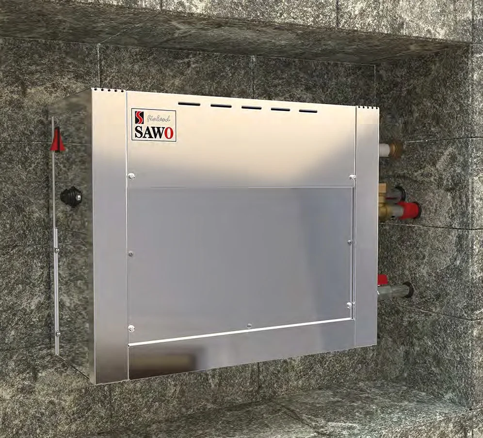SAWO STE steam generator mounted on a residential sauna wall