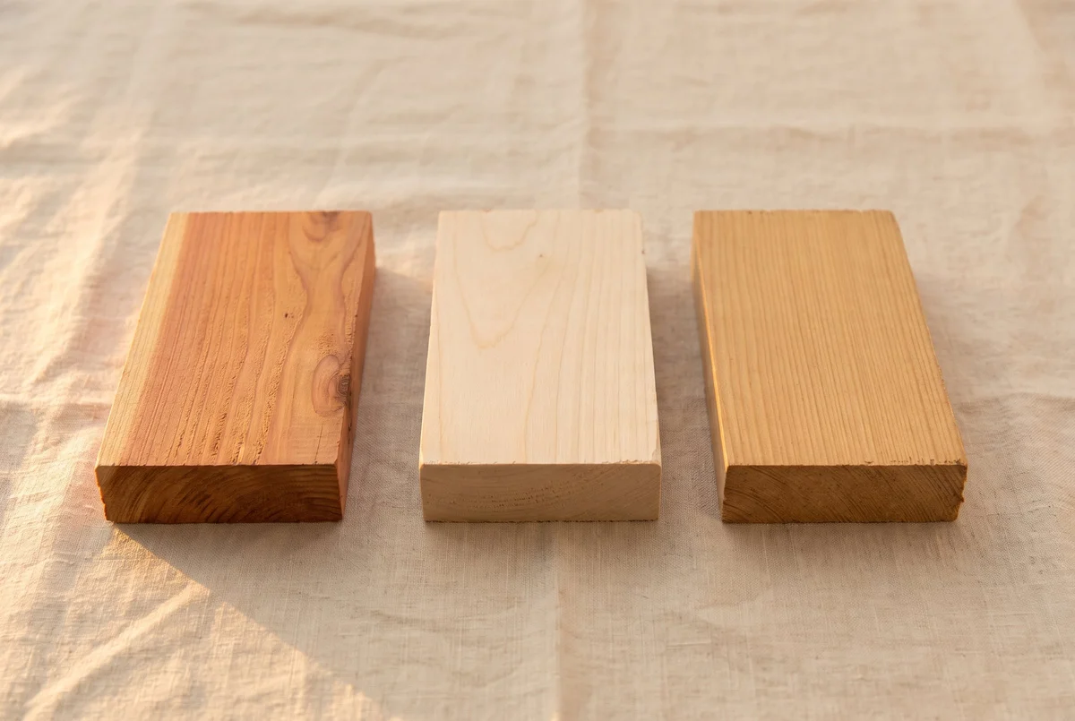 Three bare timber swatches — cedar, aspen, and hemlock — side by side in raking light