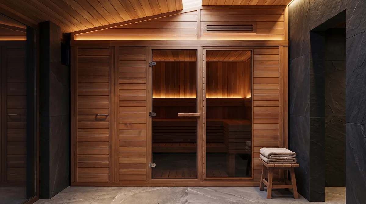 Two-room sauna and steam suite in Thailand, wood cladding with black glass doors