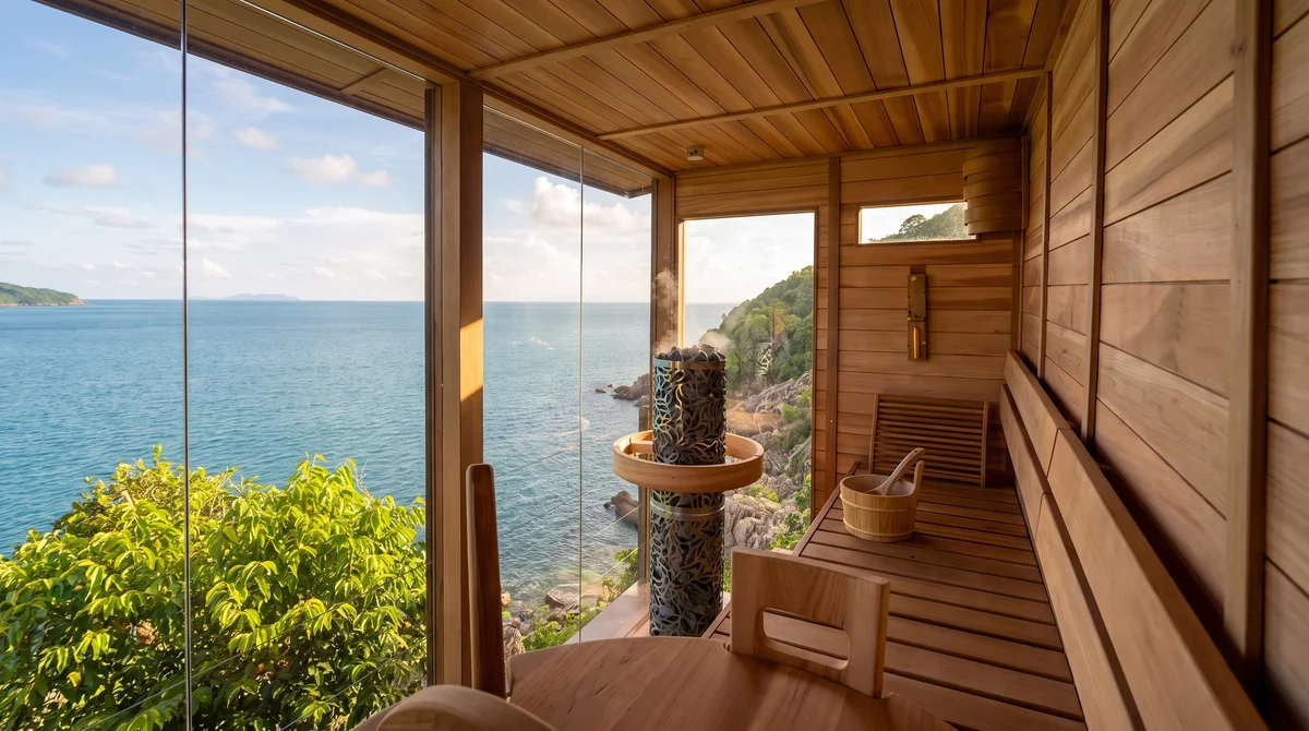 Corner-glass sauna cabin with a patterned tower heater, open to a cliffside sea view, southern Thailand